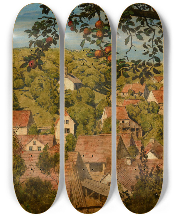 Triptych art skateboard deck of Hans Thoma Blick Auf Mamolsheim by Hans Thoma (1839-1924)