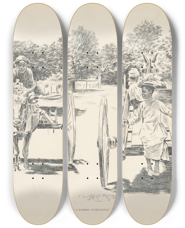 Triptych art skateboard deck of J Campbel Phillips A Passing Flirtation by J Campbel Phillips (1873-1949)
