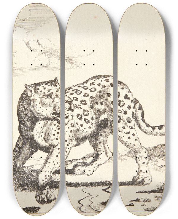 Triptych art skateboard deck of Marcus De Bye Stende Leopard by Marcus de Bye (1638-1688)