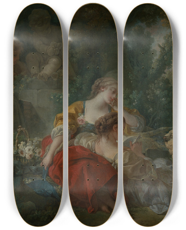 Triptych art skateboard deck of Franois Boucher Two Shepherdess by Francois Boucher (1703-1770)