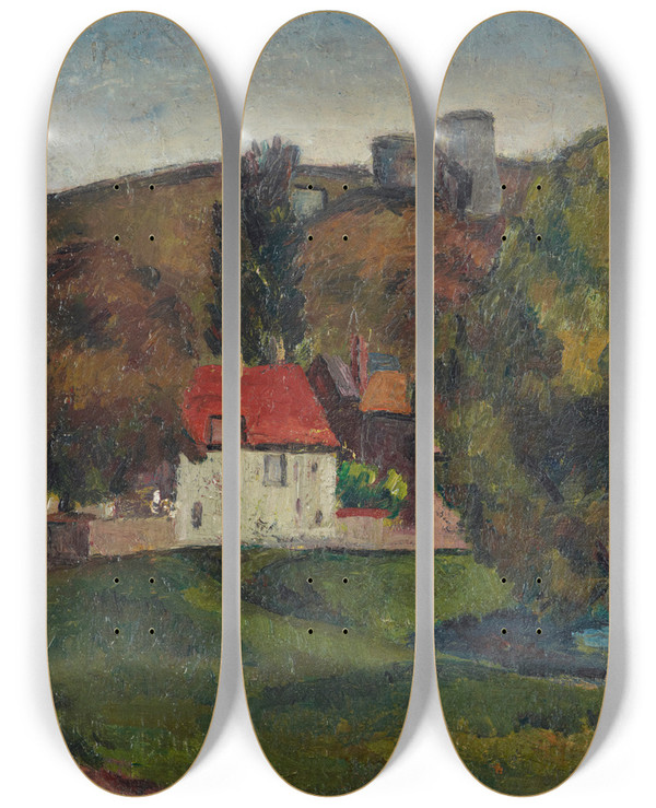 Triptych art skateboard deck of Frederick Porter Landscape Village Beneath The Ruins by Frederick Porter (1883-1944)