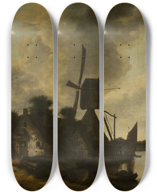 Triptych art skateboard deck of Salomon Rombouts Landscape With A Windmill by Salomon Rombouts (1655-1702)