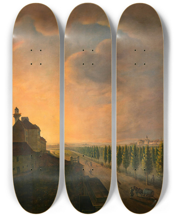 Triptych art skateboard deck of Josef Ginovszky Das Glacis Vor Der Karlskirche by Josef Ginovszky (1800-1857)