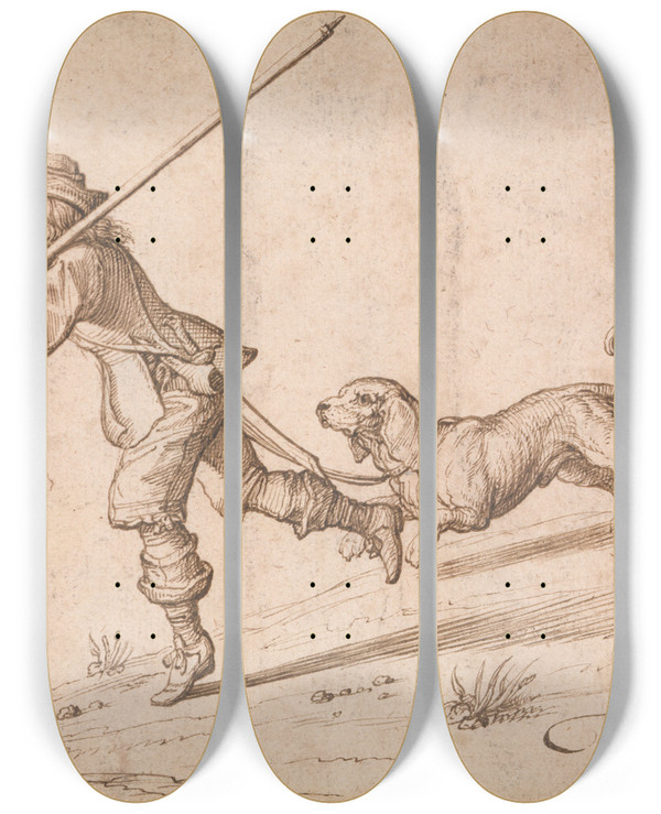 Triptych art skateboard deck of Francis Barlow Man Hunting With A Pointed Staff And A Hound by Francis Barlow (1626-1704)