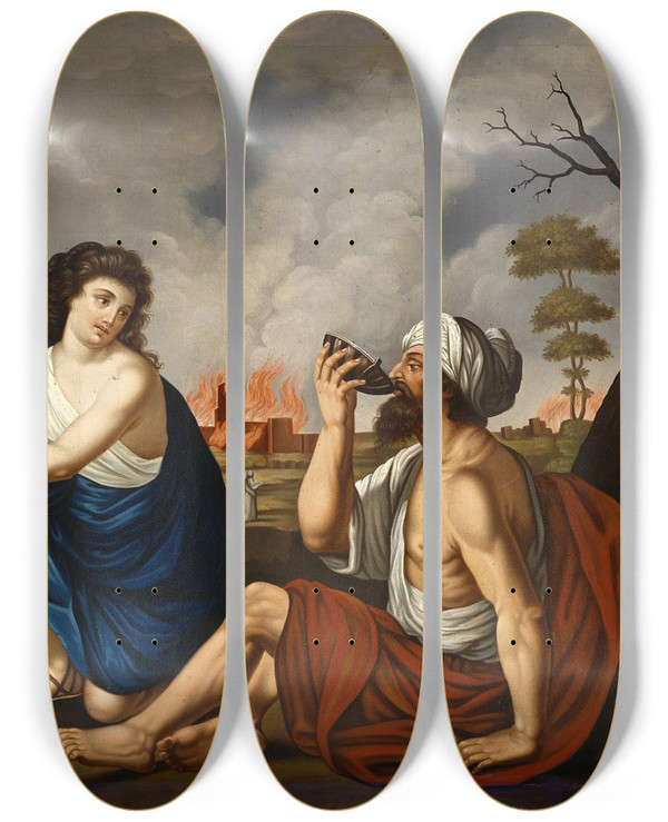 Triptych art skateboard deck of Josef Worlicek Lot Und Seine Tchter by Josef Worlicek (1824-1897)
