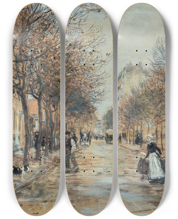 Triptych art skateboard deck of Jean Franois Raffalli Street In Asnires by Jean Francois Raffaelli (1850-1924)
