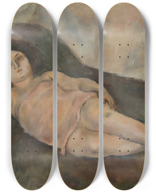 Triptych art skateboard deck of Jules Pascin Le Modle La Chemise Rose by Jules Pascin (1885-1930)
