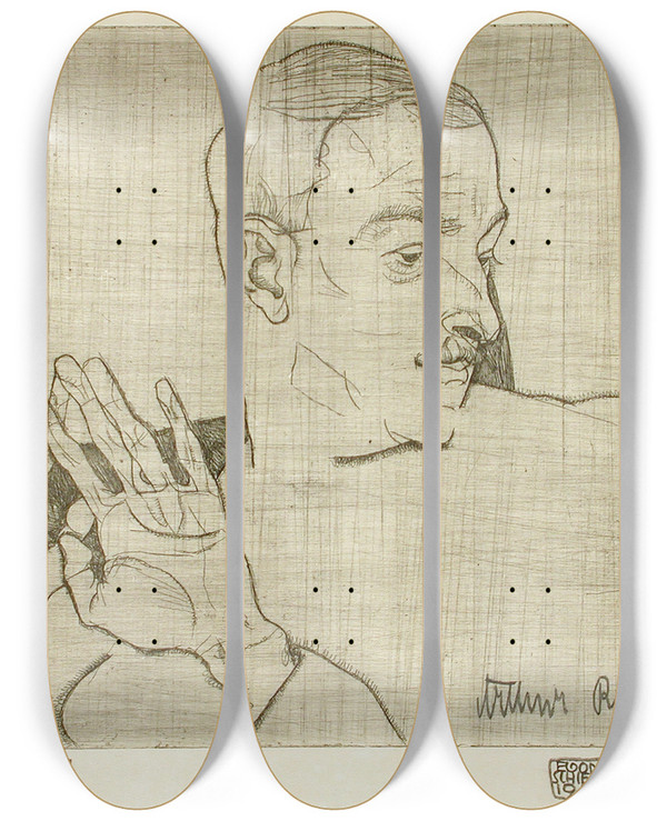 Triptych art skateboard deck of Egon Schiele Portrait Of Arthur Roessler_2 by Egon Schiele (1890-1918)