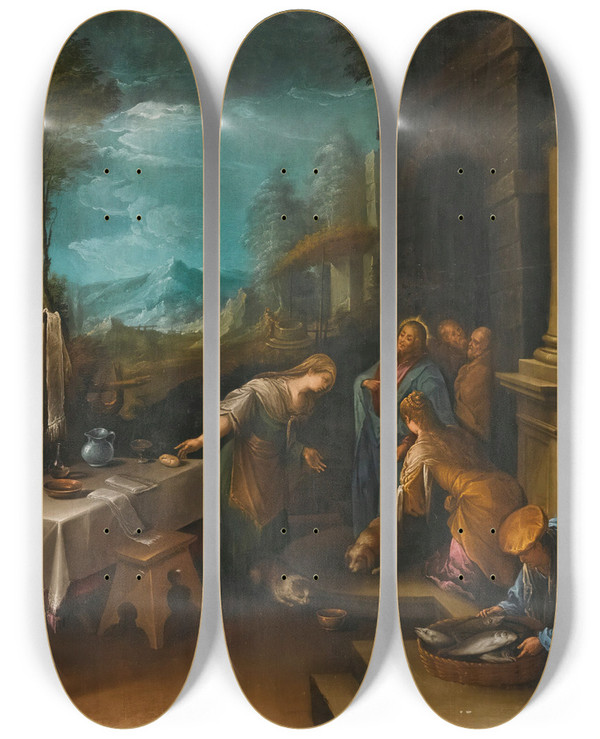 Triptych art skateboard deck of Follower Of Jacopo Da Ponte Christ In The House Ofmary And Martha by Follower of Jacopo da Ponte (1510-1592)