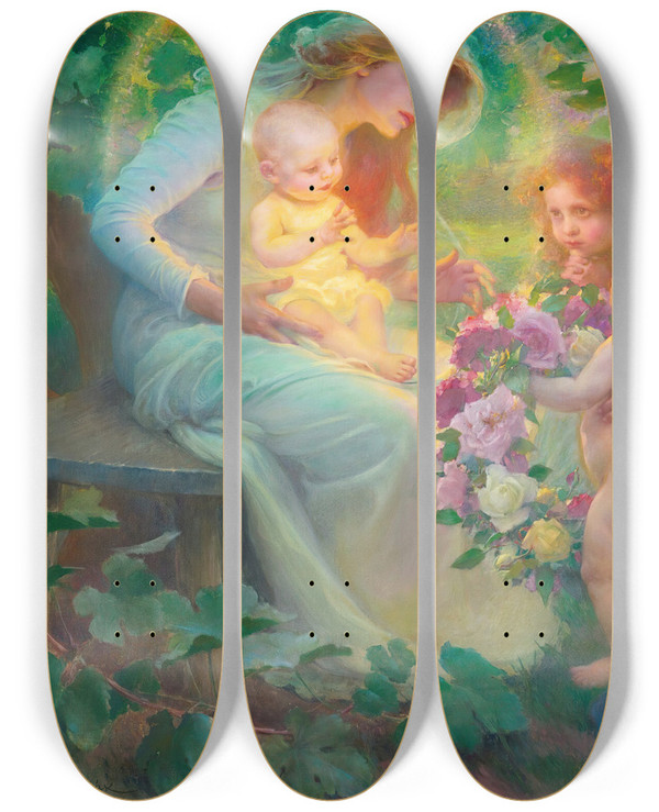Triptych art skateboard deck of Frantisek Dvorak Mystic Roses by Frantisek Dvorak (1862-1927)