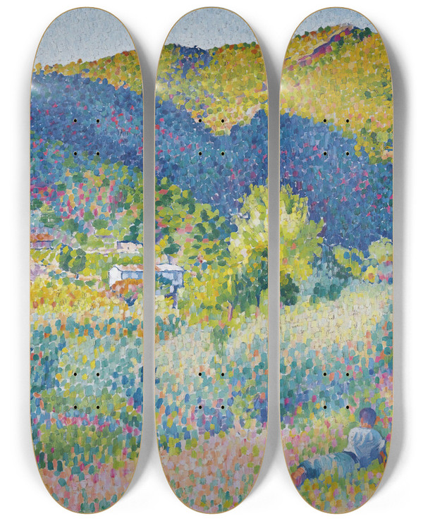 Triptych art skateboard deck of Henriedmond Cross Paysage De La Chaine Des Maures by Henri-Edmond Cross (1856-1910)