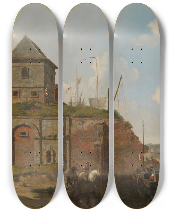 Triptych art skateboard deck of Carel Jacobus Behr City Wall With Gunpowder Magazine by Carel Jacobus Behr (1812-1895)