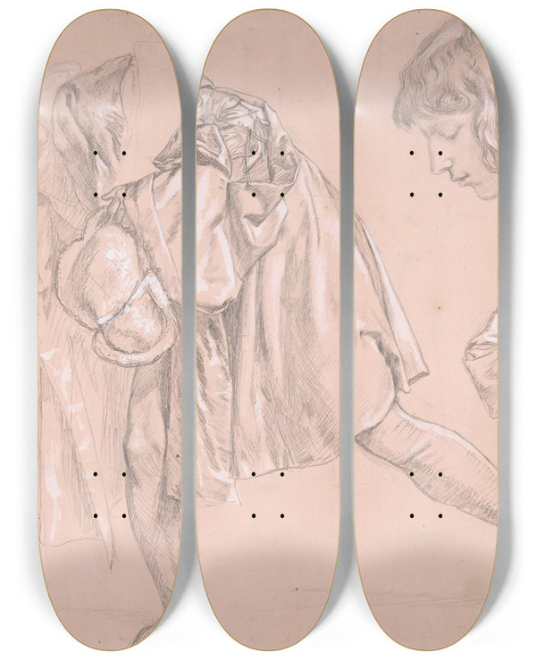 Triptych art skateboard deck of James Tissot Study Of A Young Man Bending Forward To Kiss A Hand For The Painting The Departure Of The Prodigal Son by James Tissot (1836-1902)
