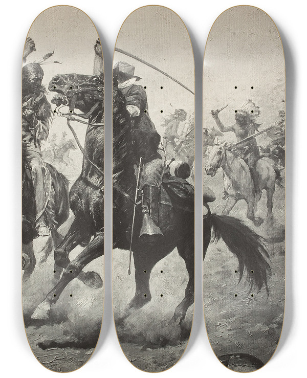 Triptych art skateboard deck of Charles Schreyvogel The Duel by Charles Schreyvogel (1861-1912)