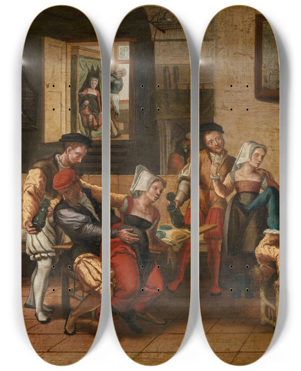 Triptych art skateboard deck of Jan Van Amstel Tavern Scene by Jan Van Amstel