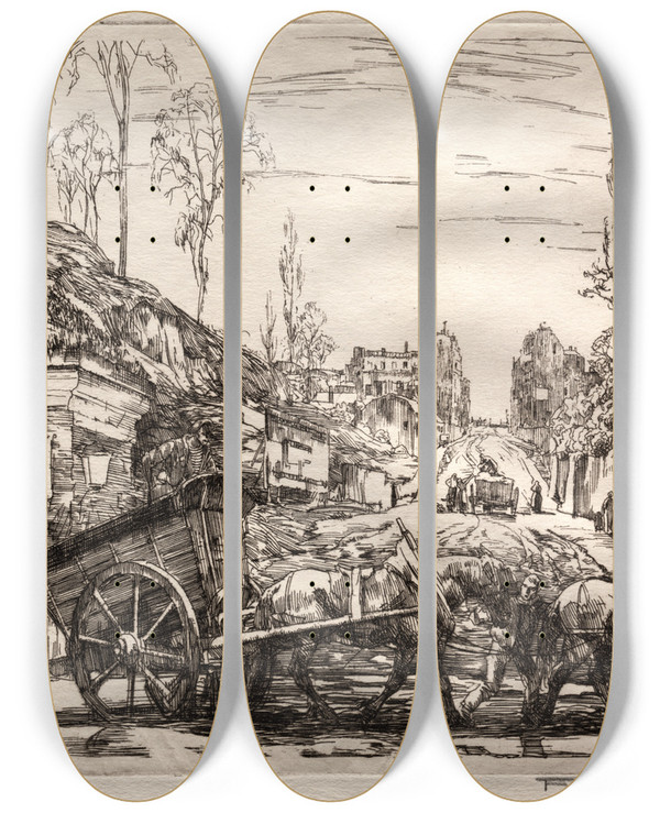 Triptych art skateboard deck of Frank Wilcox Paris Gate by Frank Wilcox (1887-1964)