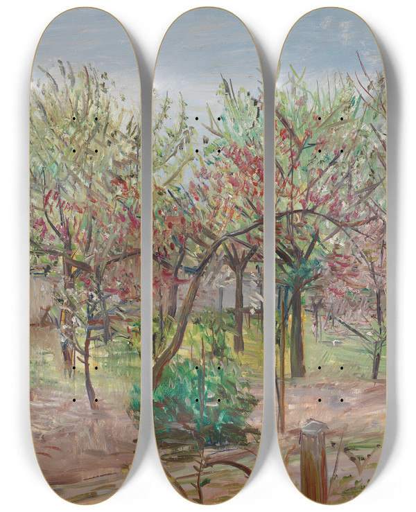 Triptych art skateboard deck of Karl Dillinger Blhender Obstgarten by Karl Dillinger (1882-1941)