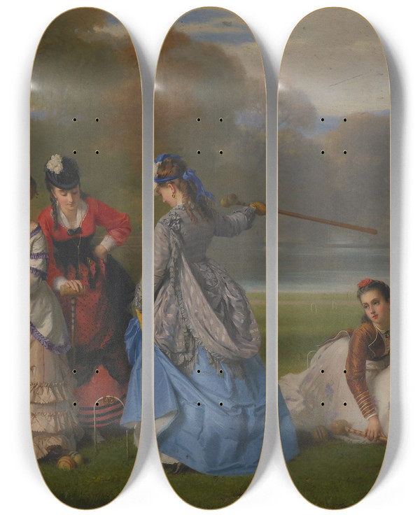 Triptych art skateboard deck of Charles Edouard Boutibonne Croquet Players by Charles Edouard Boutibonne (1816-1897)