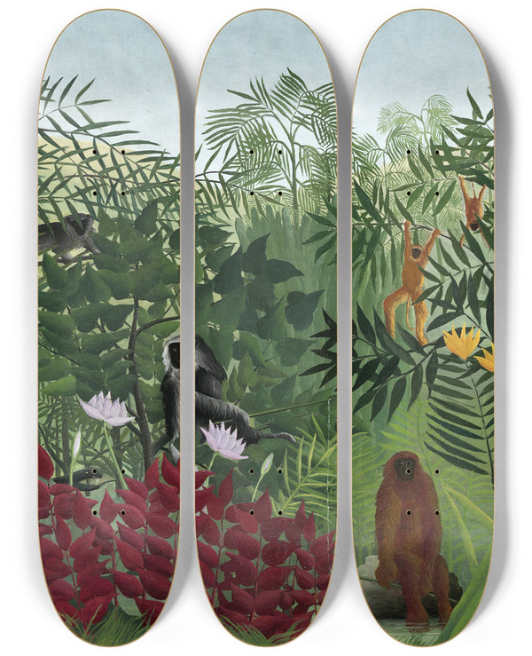 Triptych art skateboard deck of Henri Rousseau Tropical Forest With Monkeys by Henri Rousseau (1844-1910)