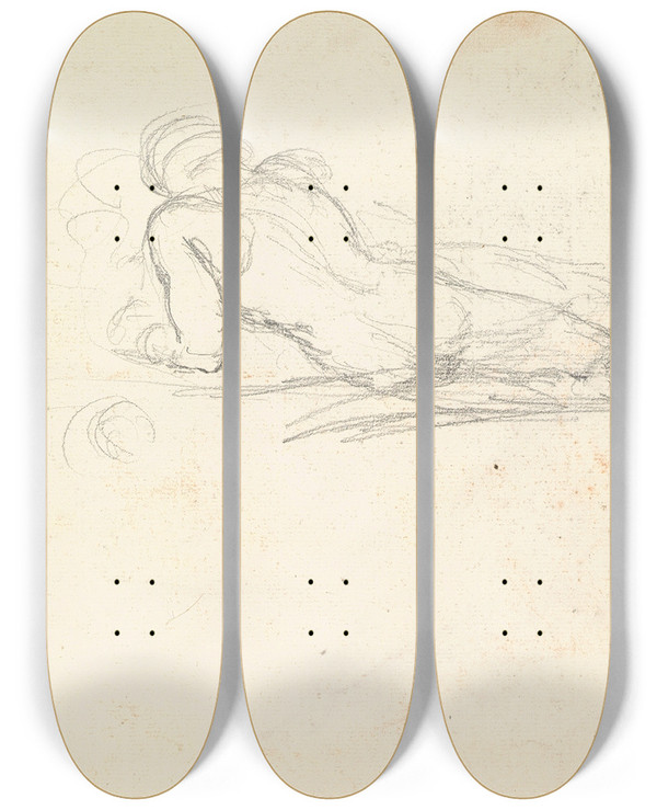Triptych art skateboard deck of George Richmond Reclining Male Nude by George Richmond (1809-1896)