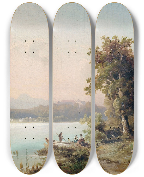 Triptych art skateboard deck of Wilhelm Lichtenheld Partie Am Chiemsee Mit Blick Auf Die Herreninsel Am Frhen Morgen by Wilhelm Lichtenheld (1817-1891)