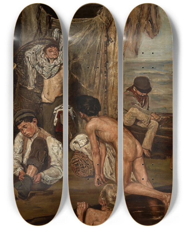Triptych art skateboard deck of Max Liebermann Swimmers by Max Liebermann (1847-1935)