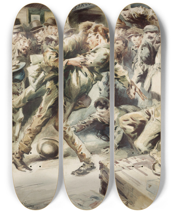 Triptych art skateboard deck of Everett Shinn Bowling The Bowler by Everett Shinn (1876-1953)