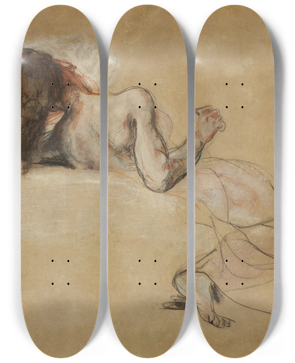 Triptych art skateboard deck of Eugne Delacroix Crouching Woman by Eugene Delacroix (1798-1863)