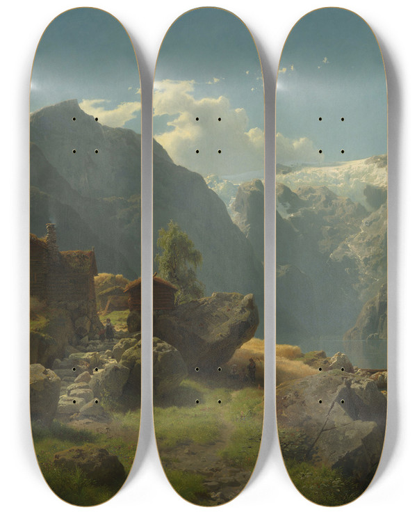 Triptych art skateboard deck of Hans Gude Balestrand by Hans Gude (1825-1903)