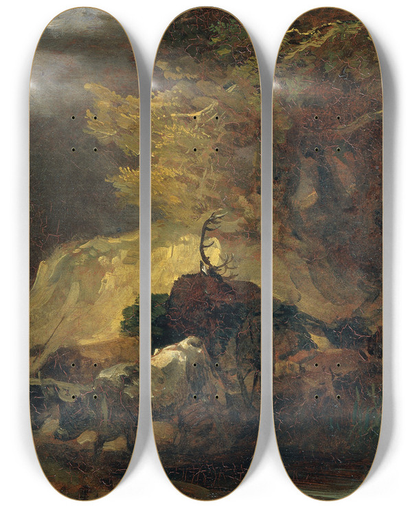 Triptych art skateboard deck of Friedrich August Matthias Gauermann Nach Der Jagd Heimkehr Von Der Hirschjagd by Friedrich August Matthias Gauermann (1807-1862)