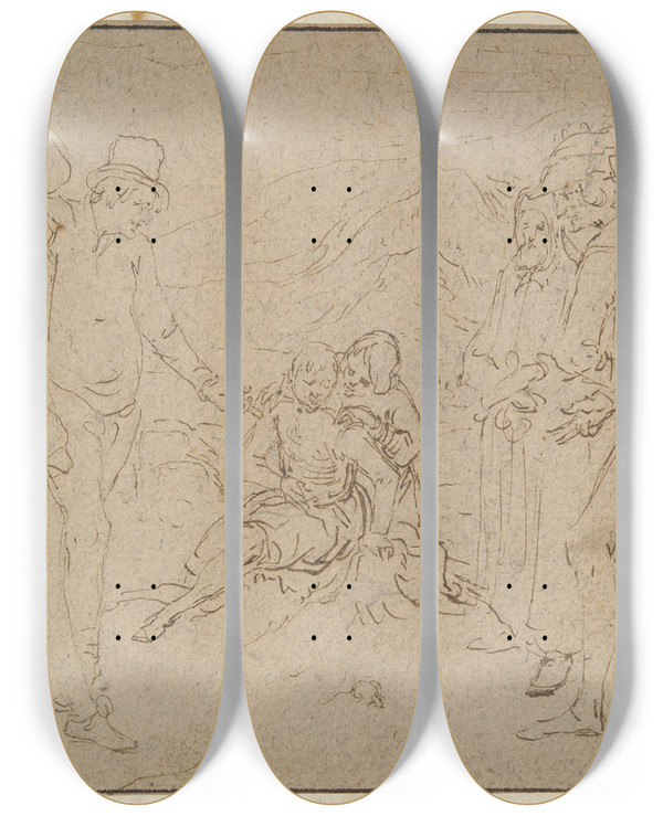 Triptych art skateboard deck of Jacob De Gheyn Ii Job On A Dunghill Tried By Hisfriends by Jacob de Gheyn II (1565-1629)