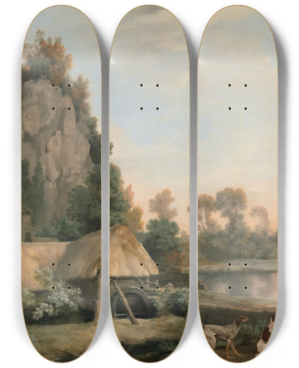 Triptych art skateboard deck of George Stubbs Two Gentlemen Going A Shooting With A View Of Creswell Crags Taken On The Spot by George Stubbs (1724-1806)