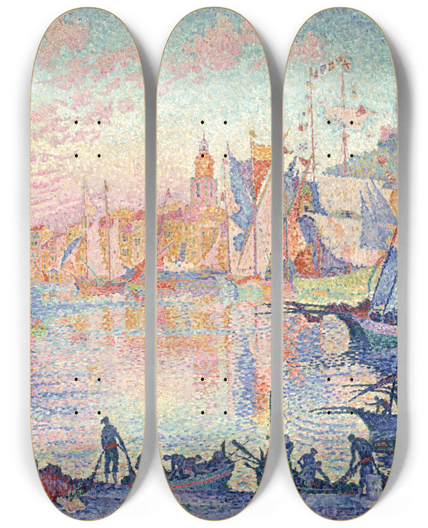 Triptych art skateboard deck of Paul Signac The Port Of Sainttropez by Paul Signac (1863-1935)