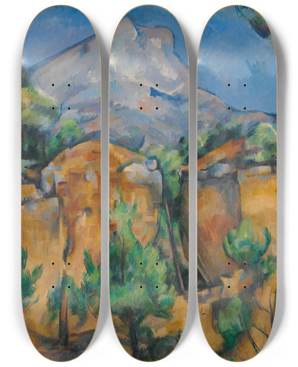 Triptych art skateboard deck of Paul Czanne La Montagne Saintevictoire Vue De La Carrire Bibmus by Paul Cezanne (1839-1906)