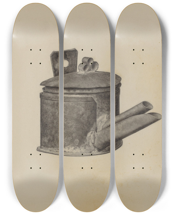 Triptych art skateboard deck of Helen Hobart Spout Lamp by Helen Hobart