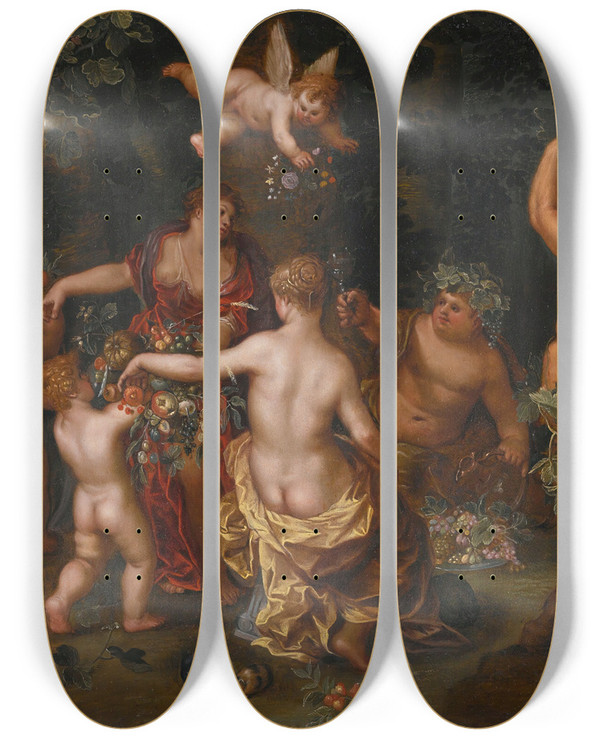 Triptych art skateboard deck of Jan Brueghel The Younger The Feast Of Bacchus by Jan Brueghel the Younger (1601-1678)
