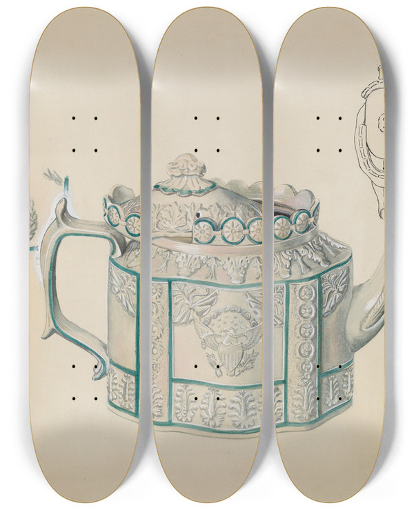Triptych art skateboard deck of Ralph Atkinson Teapot_1 by Ralph Atkinson (20-)