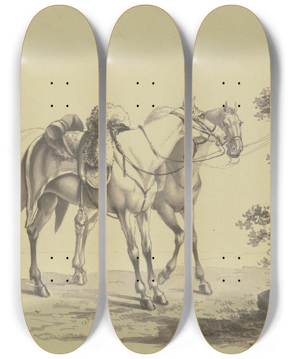 Triptych art skateboard deck of Johann Adam Klein Zwei Gesattelte Militrpferde An Einen Pfahl Gebunden by Johann Adam Klein (1792-1875)