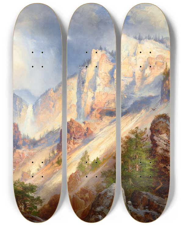 Triptych art skateboard deck of Thomas Moran A Passing Shower In The Yellowstone Caon by Thomas Moran (1837-1926)