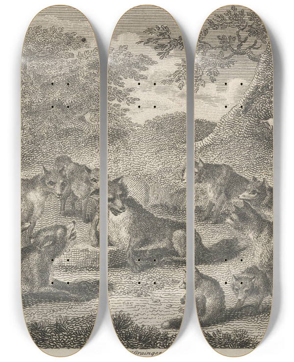 Triptych art skateboard deck of John Wootton Fable Xxix The Fox At The Point Of Death by John Wootton (1686-1765)