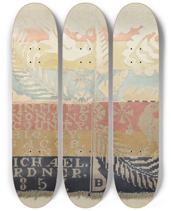 Triptych art skateboard deck of H Langden Brown Jacquard Coverlet by H Langden Brown