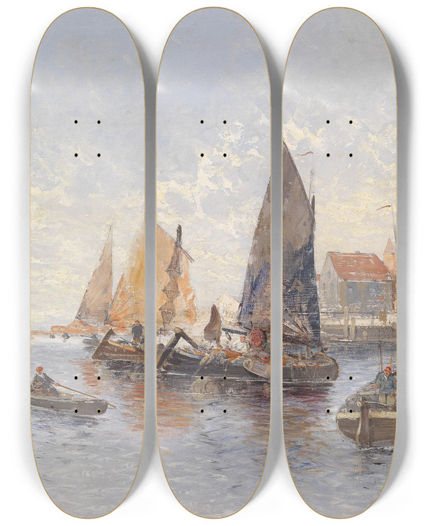 Triptych art skateboard deck of Georg Fischhof Fischer Im Hafen by Georg Fischhof (1859-1914)