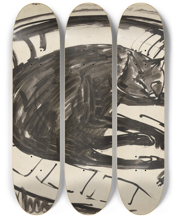 Triptych art skateboard deck of Ernst Ludwig Kirchner Lying Cat by Ernst Ludwig Kirchner (1880-1938)