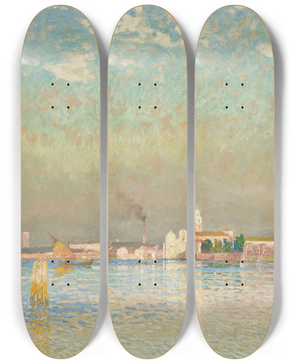 Triptych art skateboard deck of Emile Claus Vue De Murano Venise by Emile Claus (1849-1924)
