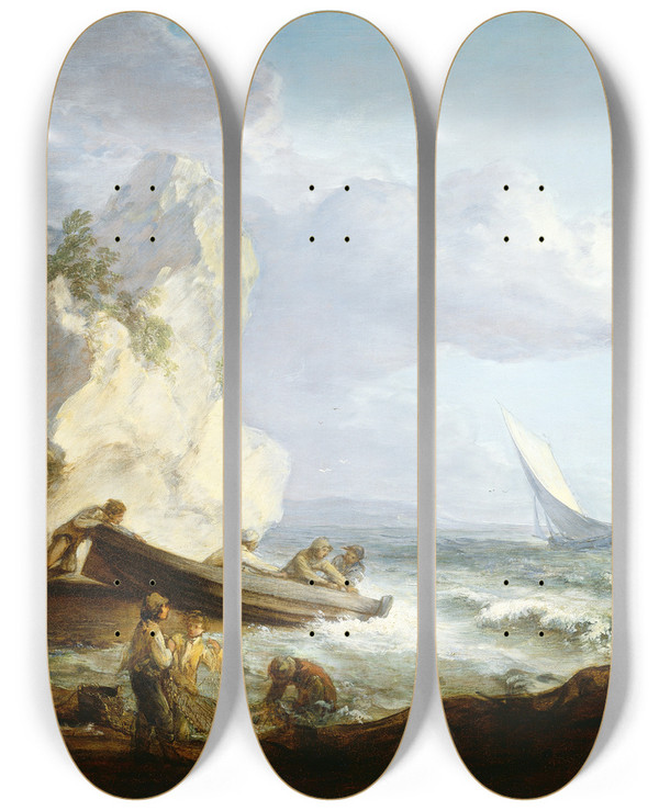Triptych art skateboard deck of Thomas Gainsborough Seashore With Fishermen by Thomas Gainsborough (1727-1788)