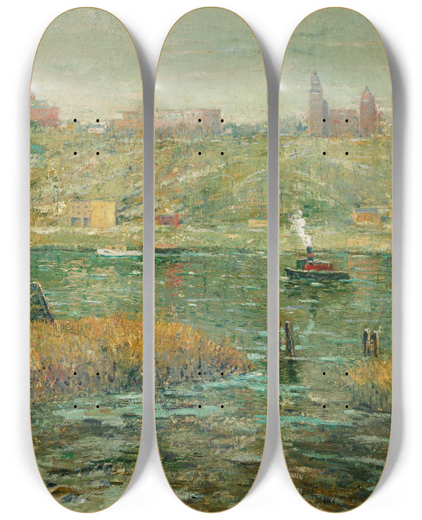 Triptych art skateboard deck of Ernest Lawson Harlem River by Ernest Lawson (1873-1939)