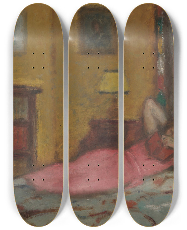 Triptych art skateboard deck of Georges Despagnat La Liseuse by Georges d'Espagnat (1870-1950)