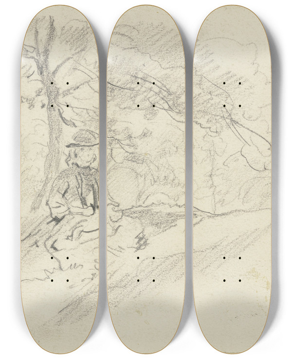 Triptych art skateboard deck of Philipp Rumpf Mdchen Im Freien Sitzend by Philipp Rumpf (1821-1896)