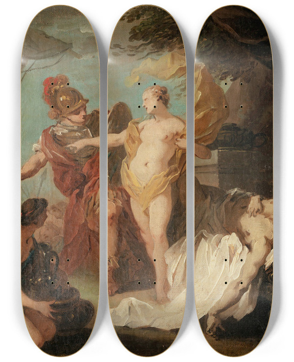 Triptych art skateboard deck of Etienne Jeaurat Sketch For Achilles Leaving To Avenge The Death Of Patroclus by Etienne Jeaurat (1699-1789)