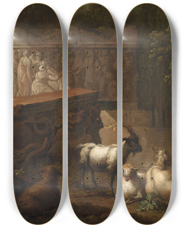 Triptych art skateboard deck of Johan Mandelberg Antikke Ruiner Omgivet Af Trer I Forgrunden En Hyrde Og Nogle Geder by Johan Mandelberg (1730-1786)